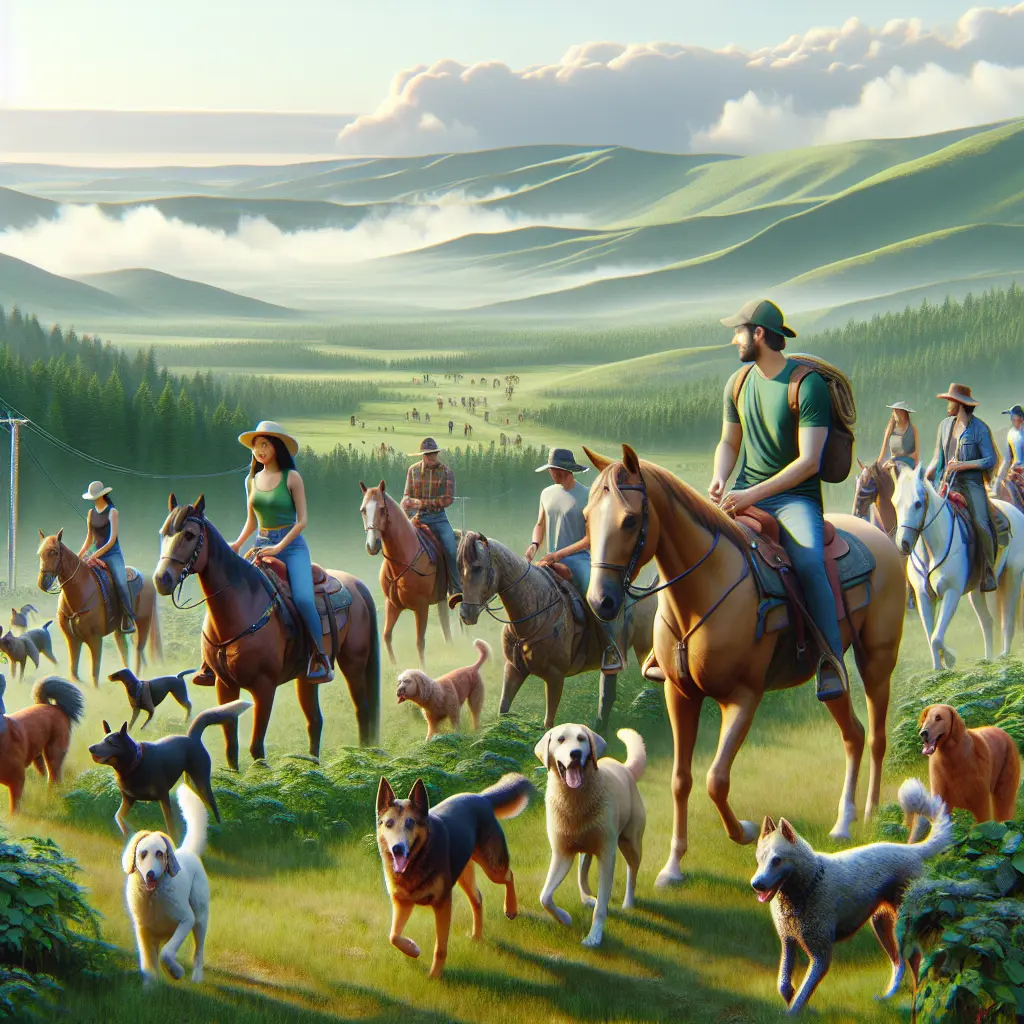 Riding Out with Dogs - Sunny Field with Riders and Pets
