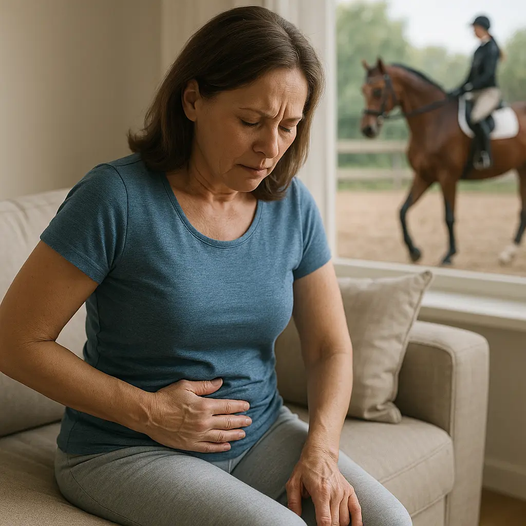 Rider walking beside a gentle horse in-hand along a quiet path, focusing on steady groundwork during recovery
