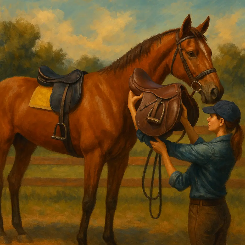 A Thoroughbred being assessed in the stable with a GP saddle resting on its back to check position and balance before girthing.