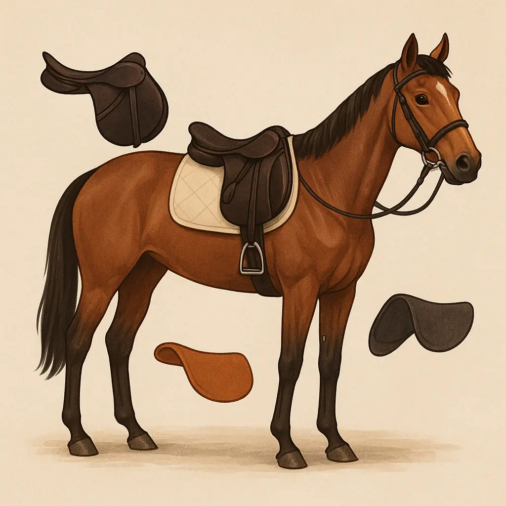 A professional saddle fitter checking tree width and panel contact on a Thoroughbred while the horse stands quietly.