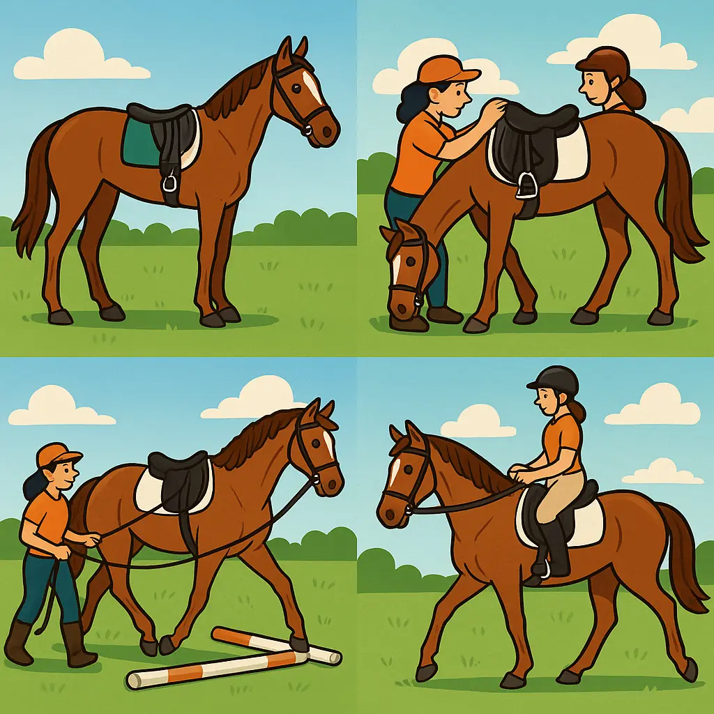 An ex-racehorse being lunged in a GP saddle with a neck strap, moving in a relaxed trot over ground poles.