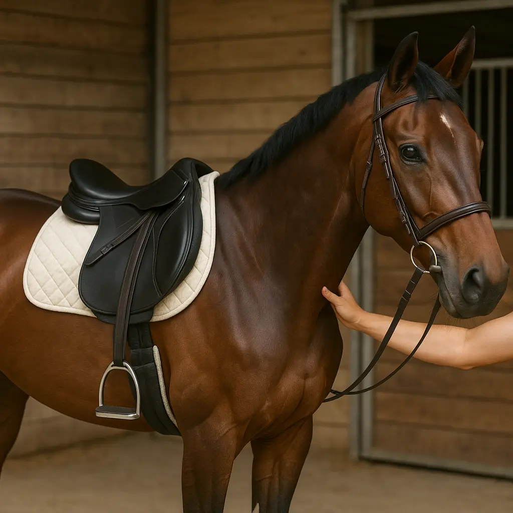 A rider checking sweat marks and hair patterns under the saddle after a schooling session to assess fit on a Thoroughbred.